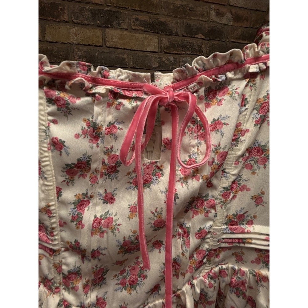 For Love & Lemons Etienne Mini Dress Puff Sleeve Cream Floral Cottagecore Small - Picture 3 of 7